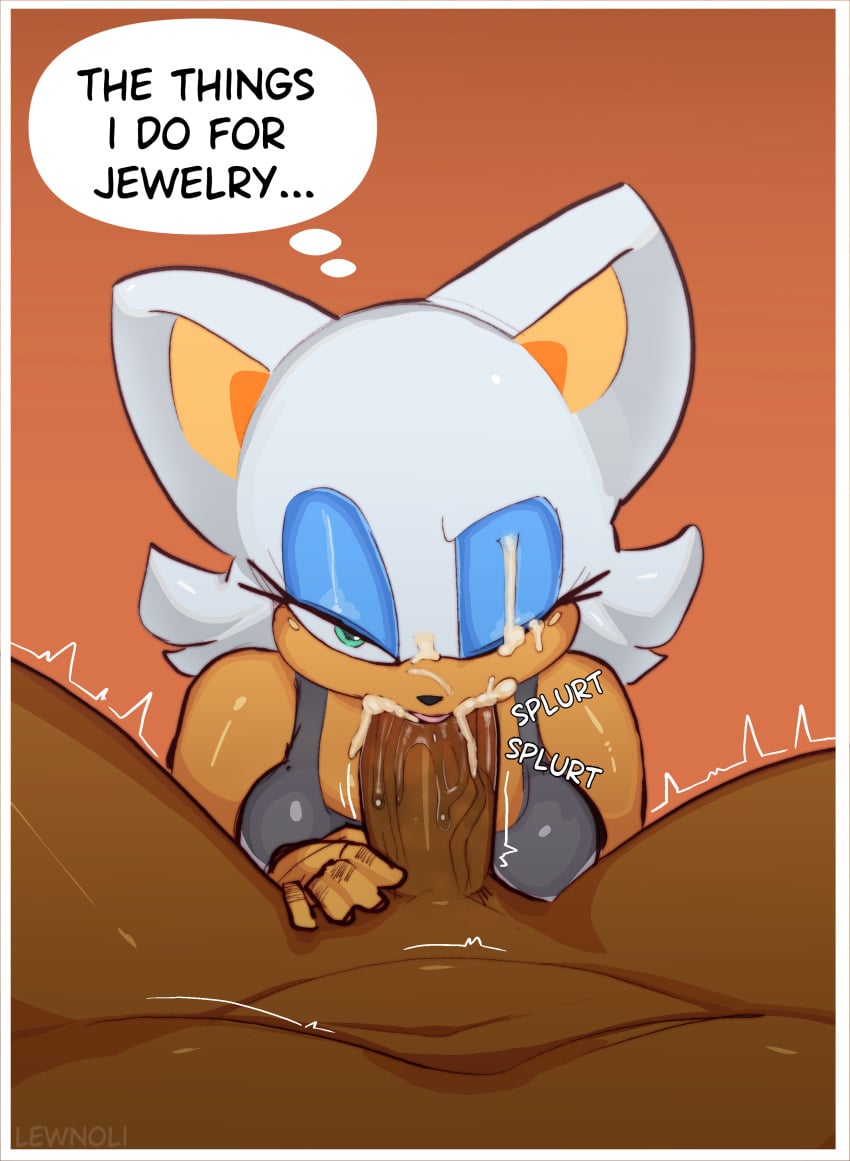 absurd_res anthro black_penis bodily_fluids clothed clothing comic cum cum_in_mouth cum_inside digital_media_(artwork) fellatio female genital_fluids hi_res lewnoli male male/female oral oral_penetration penetration penile rouge_the_bat sega sex simple_background sonic_the_hedgehog_(series) speech_bubble