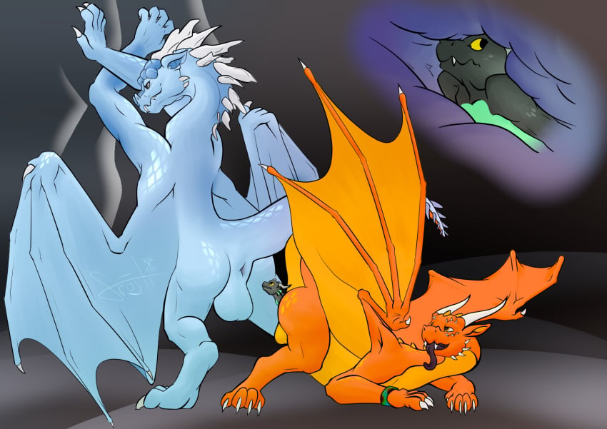 anal anal_vore blue_body blue_scales dragon feral frostidragon grey_body grey_scales hi_res kobold mythological_creature mythological_scalie mythology nervous orange_body orange_scales scales scalie sharing_partner vore x-ray_view