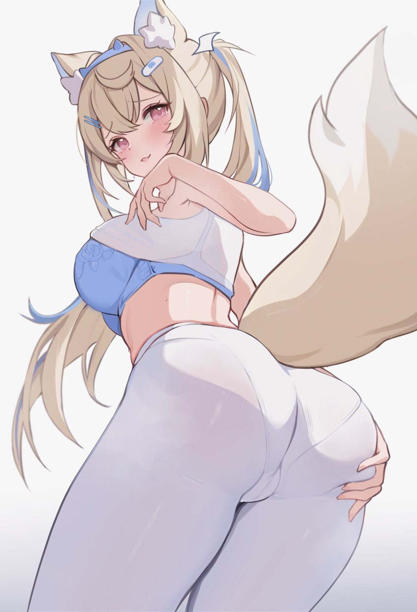 absurdres alternate_costume alternate_hairstyle animal_ear_fluff animal_ears ass bandaid bandaid_hair_ornament bare_arms blonde_hair blue_bra blue_hair blush bra breasts clothes_lift deep_skin dog_ears dog_girl dog_tail female from_behind fuwawa_abyssgard grabbing_own_ass hair_between_eyes hair_ornament hairclip highres hololive hololive_english koahri large_breasts long_hair looking_at_viewer looking_back multicolored_hair open_mouth panties_visible_through_clothes pants pantylines pink_eyes shirt shirt_lift simple_background smile solo streaked_hair tail twintails underwear virtual_youtuber white_background white_pants white_shirt