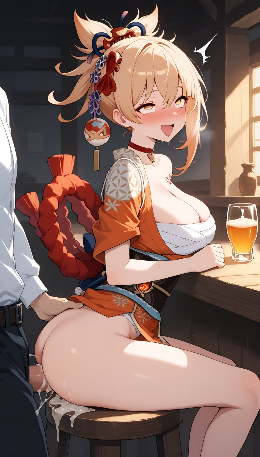 1girls ai_generated arm_tattoo bangs bar big_ass big_breasts big_butt blonde_female blonde_hair blonde_hair drunk genshin_impact hair_ornament high_resolution highres hoyoverse jasse sex tagme thighs yoimiya_(genshin_impact)