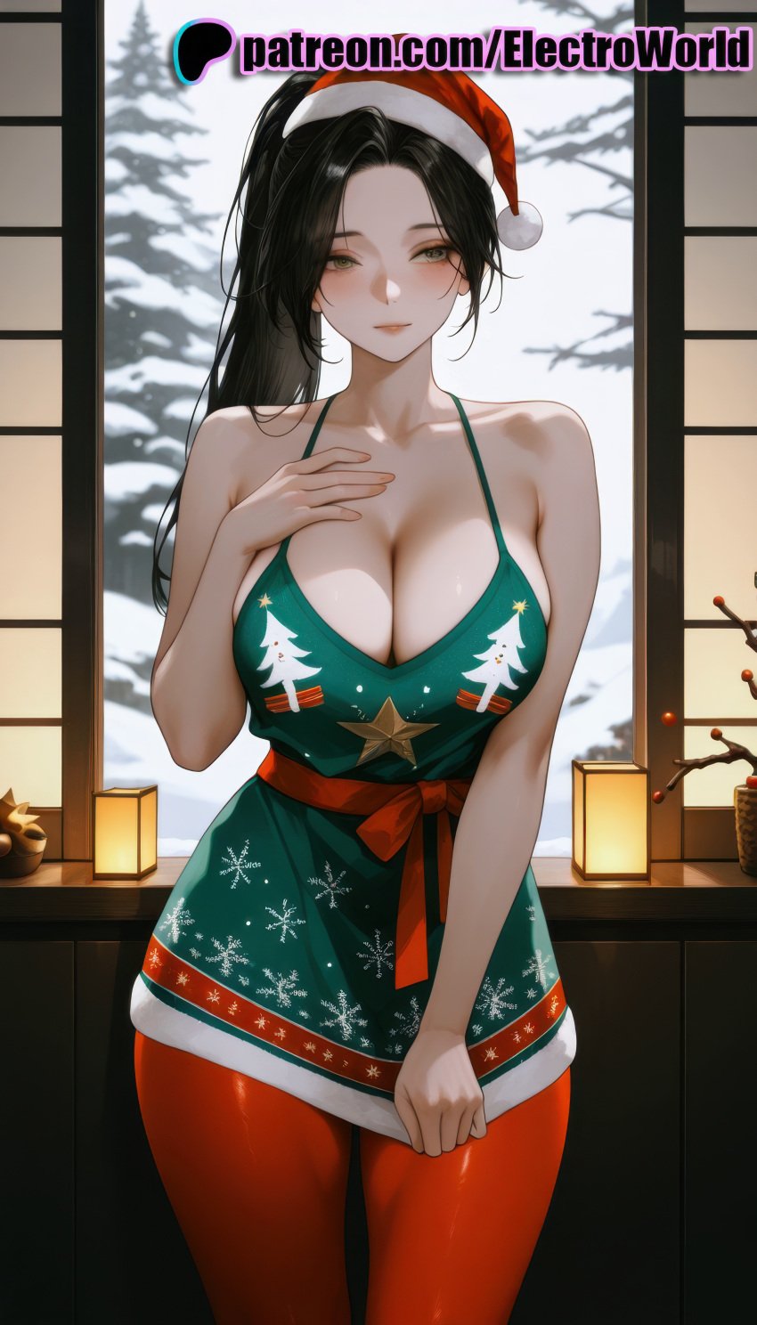 1girls 2025 ai ai_assisted ai_generated anime anime_girl anime_style artist_name bare_shoulders big_breasts big_breasts big_breasts big_chest black_hair breast breasts breasts breasts bust busty chest christmas cleavage collarbone dead_or_alive dress electroworld female green_eyes hand_on_own_chest hat hi_res high_quality high_resolution highres indoors large_breasts leaning_forward long_hair looking_at_viewer merry_christmas momiji_(ninja_gaiden) patreon patreon_username red_headwear santa_hat smile solo stable_diffusion thighs watermark window