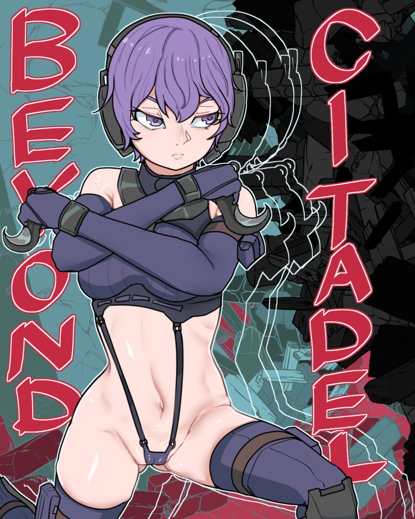 arm_pouch arm_strap armor black_background blue_background breasts cameltoe crossed_arms crotch_strap elbow_gloves english_text eyebrows eyelashes female female_focus gloves greaves hair_between_eyes holding holding_knife holding_weapon knife martyr_(the_citadel) medium_breasts mk2hassyupapii navel pouch purple_eyes purple_gloves purple_hair purple_thighhighs red_background simple_background solo solo_focus the_citadel the_martyr thigh_pouch thigh_strap thighhighs title weapon