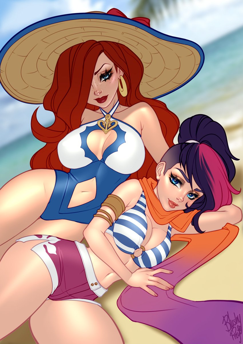 beach big_breasts bikini_top black_hair blushypixy blushyspicy cleavage earrings fiora_laurent hat league_of_legends miss_fortune orange_hair pool_party_fiora pool_party_miss_fortune pool_party_series red_hair sarah_fortune shaved_side shorts sun_hat swimsuit swimwear voluptuous voluptuous_female