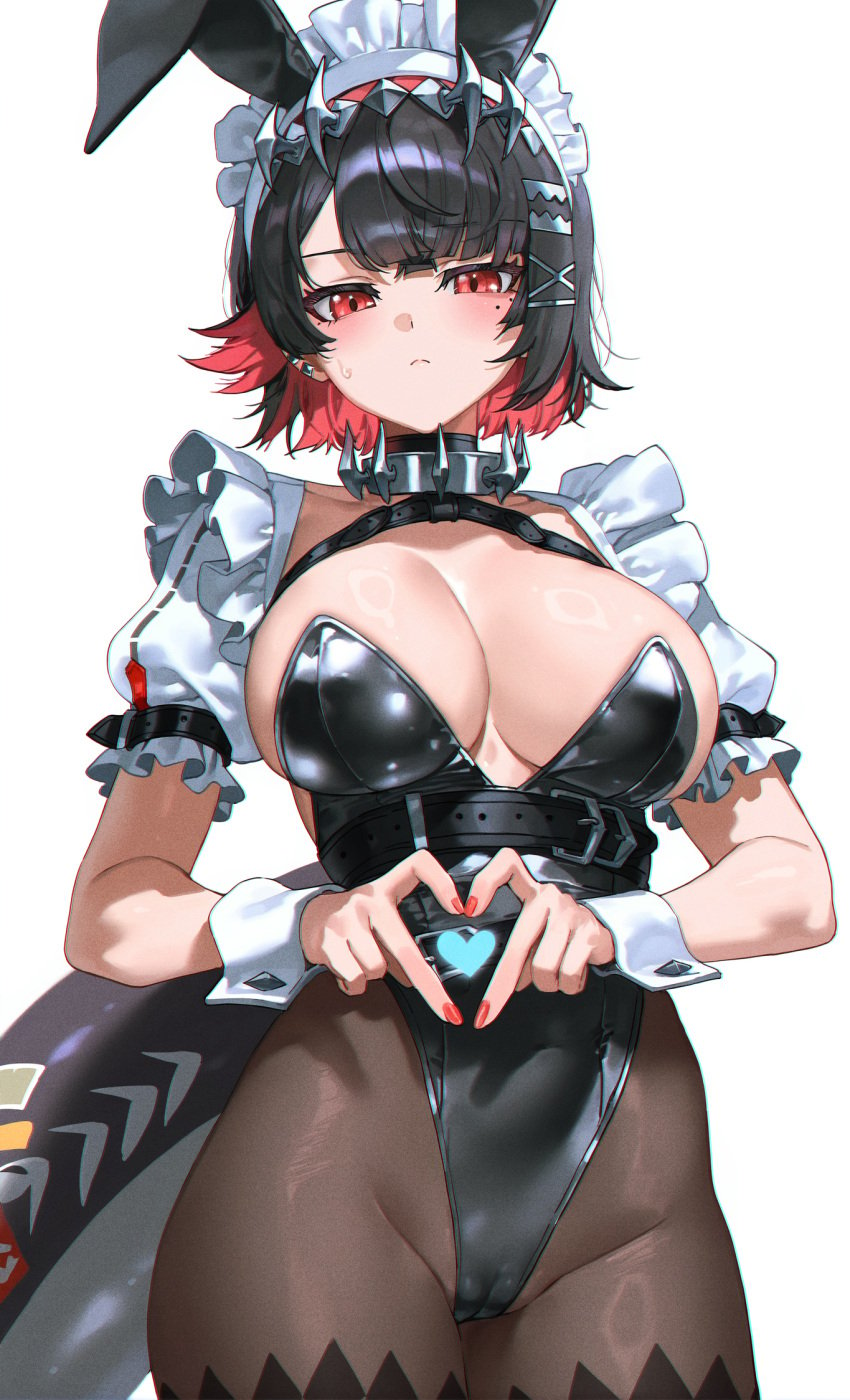 ai_generated big_breasts black_hair breasts bunny_ears cameltoe ellen_joe heart_hands looking_at_viewer maid playboy_bunny sharp_teeth short_hair zenless_zone_zero