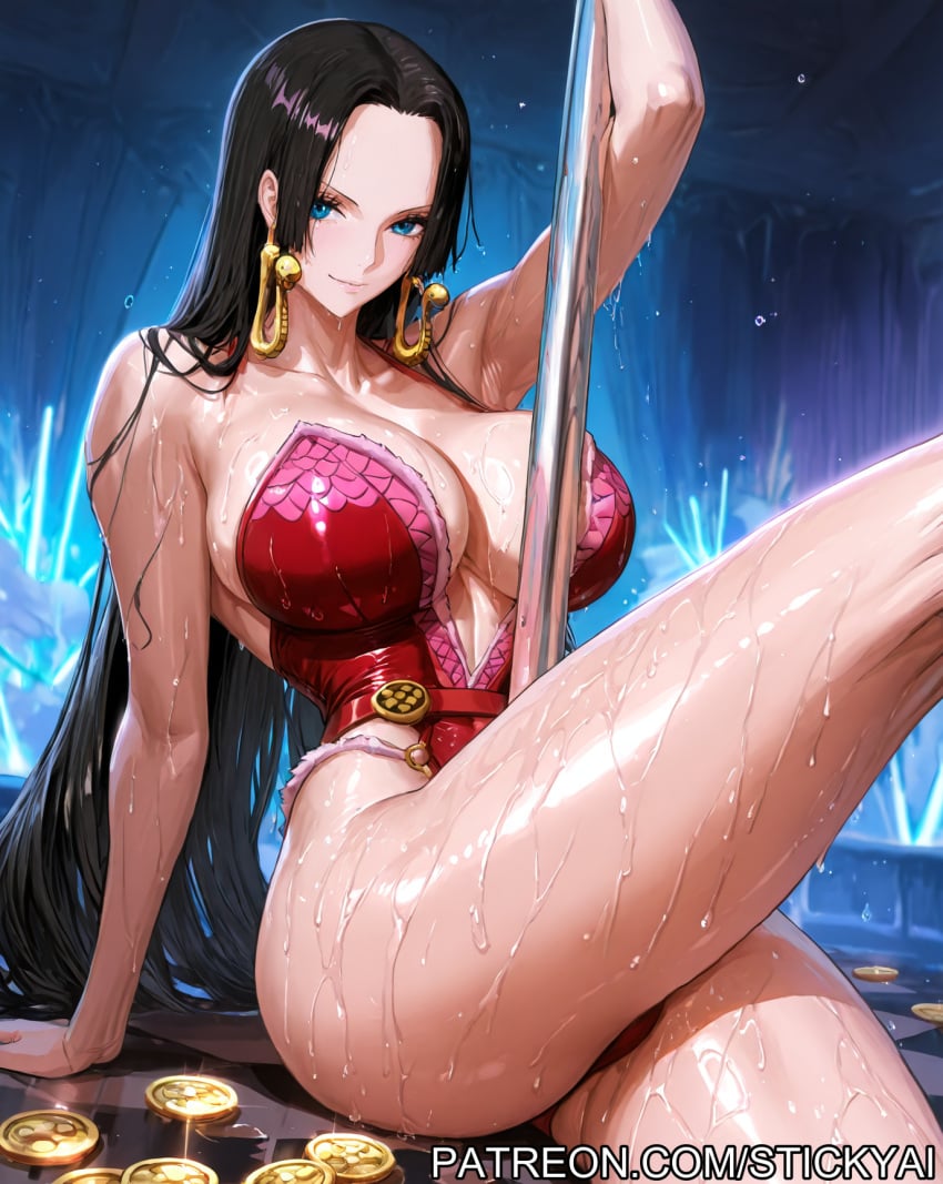 1girls ai_generated anime black_hair blue_eyes boa_hancock breasts clothing female female_only fit long_hair money nsfw one_piece shounen_jump stickyai strip_club stripper stripper_pole