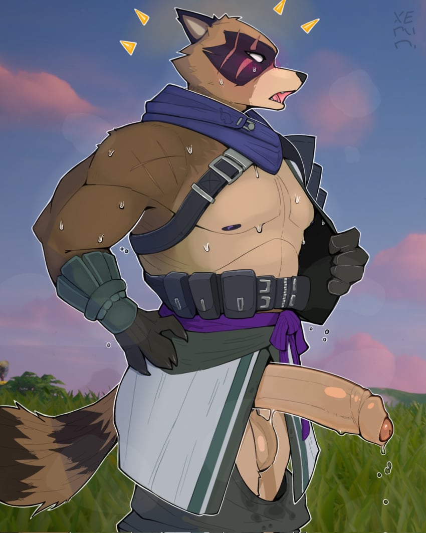 anthro balls belt big_penis blush bodily_fluids bottomwear bottomwear_down brown_body brown_fur canid canine clothed clothing cloud erection eye_scar facial_scar foreskin fur genital_fluids genitals hajime_(fortnite) hand_on_hip hi_res humanoid_genitalia humanoid_penis male mammal muscular muscular_male pants pants_down partially_clothed pecs penis precum raccoon_dog scar shirtless side_view skimpy sky solo standing sweat tanuki utility_belt xerun