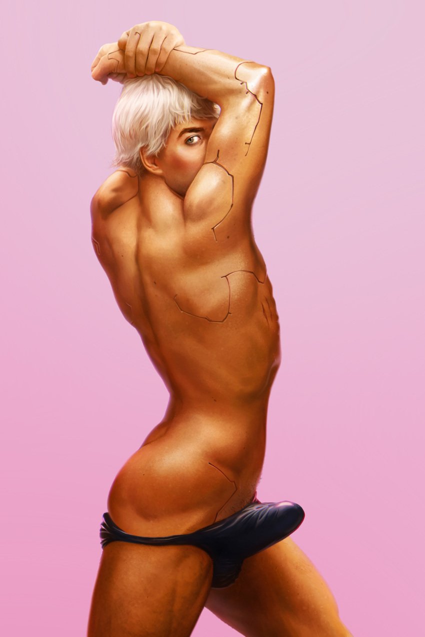 1boy advertisement almost_naked arched_back arching_back black_speedo bleached_blonde_hair boner boner_in_underwear cyberpunk_2077 dark_eyebrows erection_under_clothes exposed_ribcage femboy fictional_advertisement fictional_product fit_male fully_erect gay in_game luke_poller male_focus male_only mole_(marking) muscular_male nearly_nude night_city no_sex official_art photorealism photorealistic platinum_blonde_hair posing scars shaved_crotch speedo tan_body tan_skin thin_male twink underwear_only watson_whore