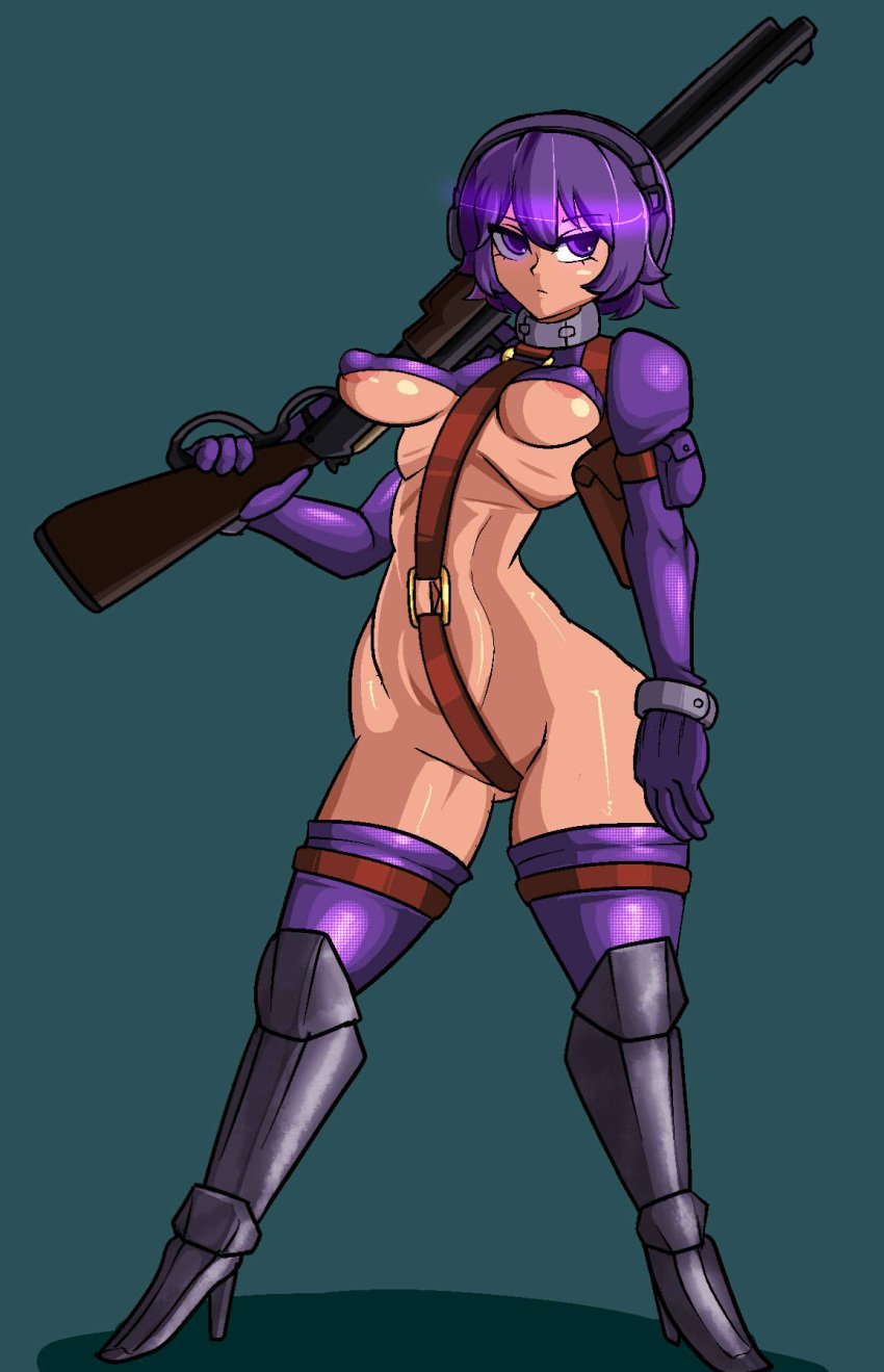 armor breasts crotch_strap eyelashes female female_focus full_body gloves greaves green_background gun hair_between_eyes holding holding_gun holding_weapon large_breasts martyr_(the_citadel) matching_hair/eyes nipples purple_eyes purple_gloves purple_hair purple_shirt purple_thighhighs shirt simple_background solo standing the_citadel the_martyr thigh_strap thighhighs weapon