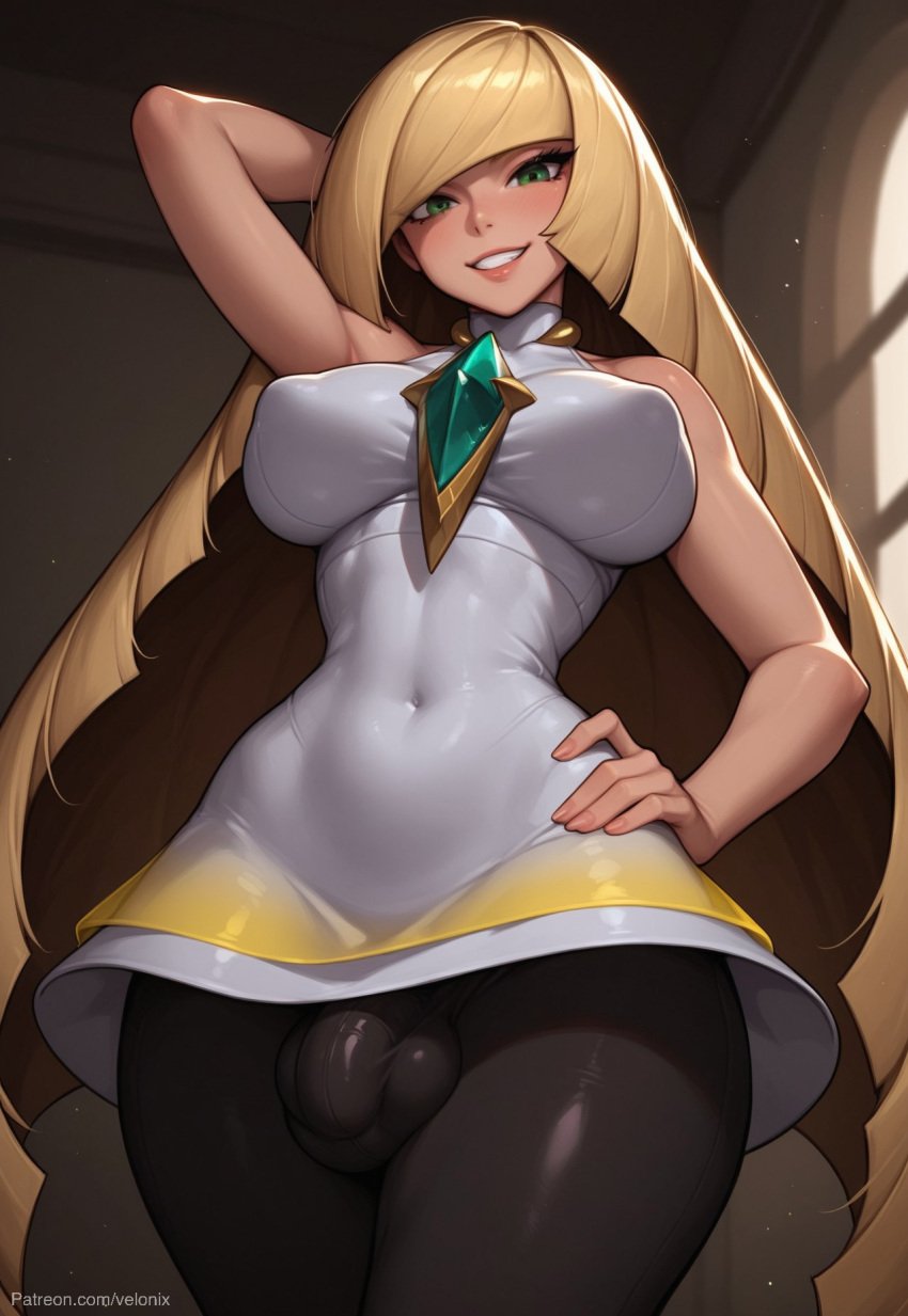 1futa 1futanari ai_generated ass big_ass big_breasts big_butt big_hips big_penis blonde_female blonde_hair blonde_hair breasts bulge bulge_through_clothing cleavage clothed dick dickgirl dress eyebrows eyelashes futa_only futanari green_eyes grin grinning grinning_at_viewer hair hand_on_hip hands-free hands_behind_head huge_cock indoors lips long_hair looking_at_viewer lusamine_(pokemon) makeup narrow_waist narrowed_eyes nose penis pokemon pokemon_sm seducing seductive seductive_eyes seductive_gaze seductive_look seductive_mouth seductive_pose seductive_smile smile smile_at_viewer smiley_face smooth_balls smooth_penis smooth_skin solo solo_dickgirl solo_focus solo_futa solo_futanari testicles velonix