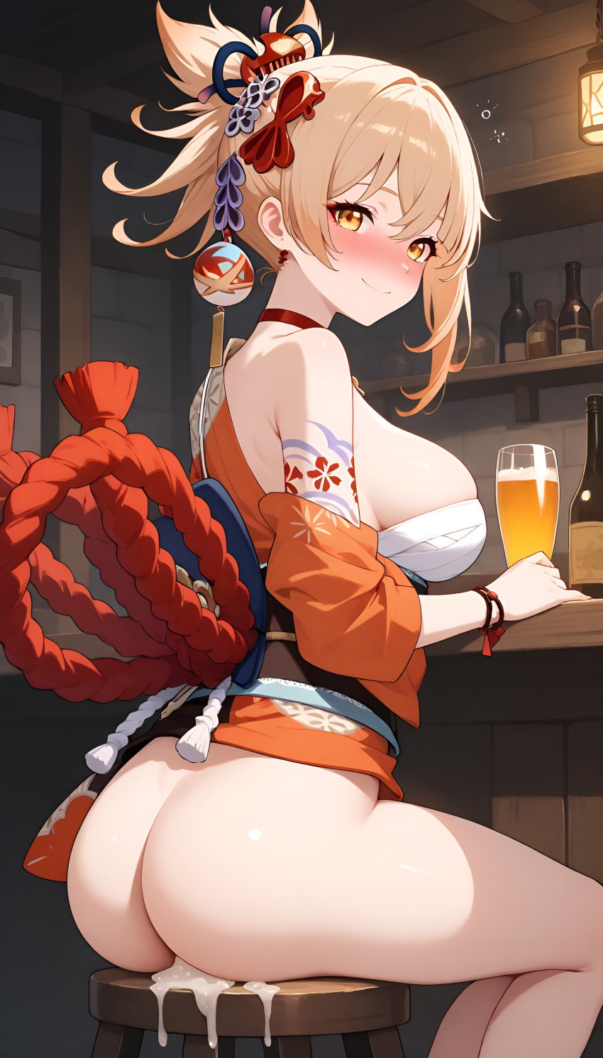 1girls ai_generated arm_tattoo bangs bar big_ass big_breasts big_butt blonde_female blonde_hair blonde_hair cum drunk genshin_impact hair_ornament high_resolution highres hoyoverse jasse tagme thighs yoimiya_(genshin_impact)