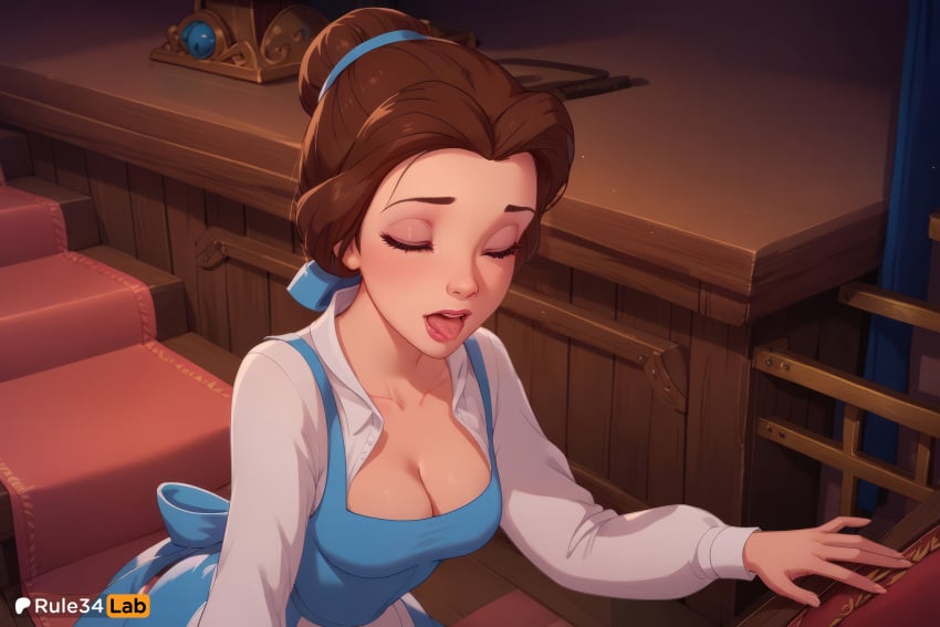 1girls ai_generated apron artist_name beauty_and_the_beast belle belle_(beauty_and_the_beast) blue_apron blue_dress blush breasts brown_hair cleavage closed_eyes collarbone disney dress eyeshadow hair_bun hair_ribbon hi_res indoors large_breasts lips long_sleeves makeup medium_breasts open_clothes open_mouth open_shirt oral_invitation patreon_logo ribbon rule34lab shirt short_hair single_hair_bun solo tongue tongue_out walt_disney white_shirt