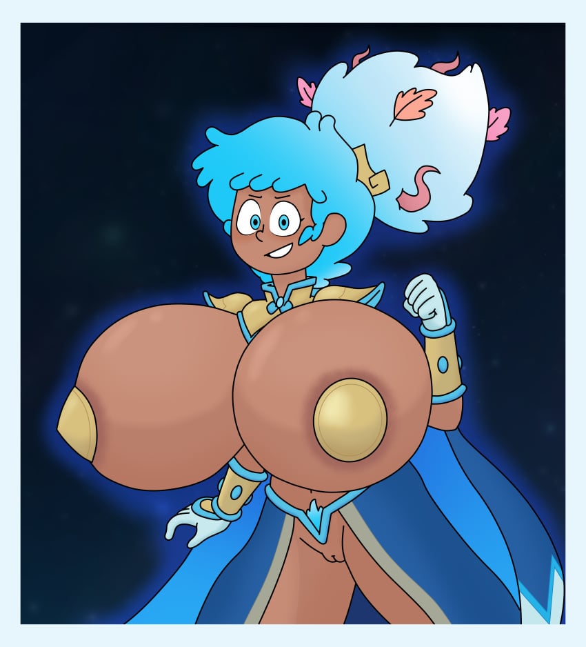 1girls amphibia amphibia_(finale) amphibia_(series) anne_boonchuy armor asian_female big_areola big_breasts blue_eyes blue_hair blush breasts breasts_bigger_than_head breasts_out calamity_power calamity_super_form dark-skinned_female disney female female_focus female_only gigantic_breasts glowing glowing_hair huge_breasts impractical_armor impractical_clothing large_areolae power_up powers revealing_clothes rustybv3 shoulder_pads solo solo_female thai two_tone_hair unconvincing_armor voluptuous