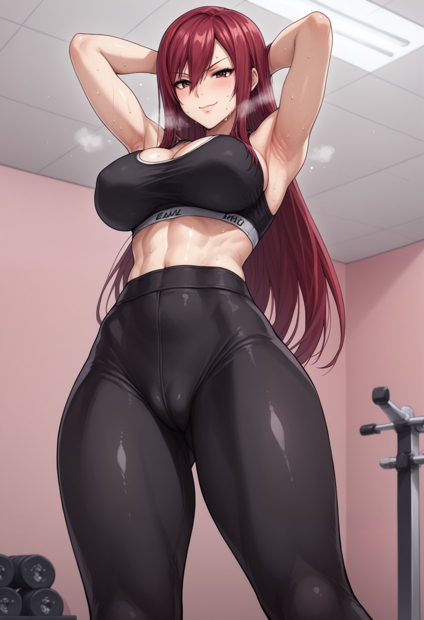 ai_generated armpit_fetish armpits ass ass_focus big_ass big_breasts big_hips black_pants black_topwear erza_scarlet fairy_tail female female_focus female_only gym gym_uniform huge_breasts kikia1 long_hair nsfw patreon red_hair skindentation sports_bra tagme