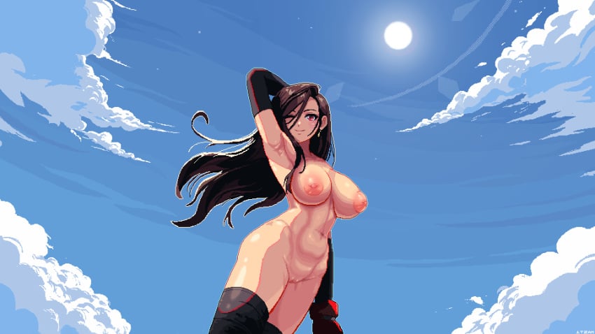 breasts brown_hair clouds earrings female female_only final_fantasy final_fantasy_vii floating_hair gloves hair_between_eyes hand_up inverted_nipples itzah jewelry large_breasts looking_at_viewer navel nipples nude nude_female outdoors pixel_art puffy_nipples red_eyes sky smile solo sun thighhighs tifa_lockhart vagina wink