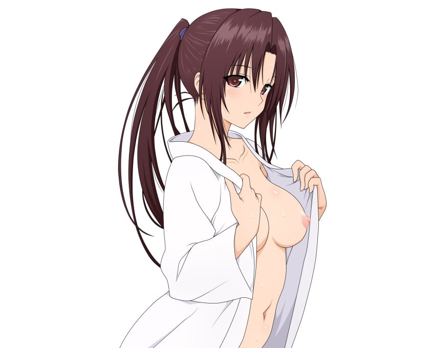 10s 1girls 2d blush body_blush breasts brown_eyes brown_hair collarbone female_focus hair_between_eyes highres kujou_rin long_hair looking_at_viewer naked_shirt navel nipples open_clothes open_mouth open_shirt ponytail shiny_skin shirt simple_background solo to_love-ru to_love-ru_darkness unknown_artist upper_body vector_trace wet white_background white_shirt wide_sleeves