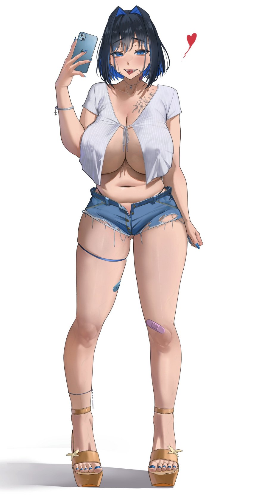 1girls absurdres archinoer bandage_on_knee belly big_breasts blue_eyes blue_hair blue_nails breasts cellphone covered_erect_nipples denim denim_shorts feet female hair_intakes heels high_heels highres holding holding_phone hololive hololive_english huge_breasts large_breasts light-skinned_female looking_at_viewer nail_polish ouro_kronii painted_toenails phone short_hair short_shorts shorts slightly_chubby slightly_chubby_female smartphone solo solo_female tagme tattoo thick_thighs thighs toenail_polish toenails toes tongue tongue_out tongue_piercing virtual_youtuber voluptuous