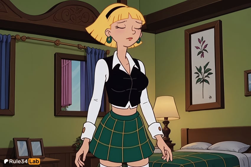 1girls ai_generated artist_name bed bedroom black_hairband black_vest blonde_hair breasts closed_eyes crop_top earrings green_skirt hairband hey_arnold! hi_res indoors jewelry lamp long_sleeves midriff nickelodeon olga_pataki on_bed plaid plaid_skirt rule34lab shirt short_hair skirt solo thighhighs vest white_shirt white_thighhighs zettai_ryouiki