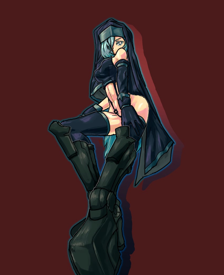 abs armor blue_eyes blue_hair breasts crotch_strap elbow_gloves eyebrows female female_focus full_body gloves goth goth_girl gothic greaves hair_over_one_eye long_hair looking_at_viewer looking_down medium_breasts nun platform_boots platform_footwear purple_gloves purple_thighhighs red_background simple_background sister_chloe_(the_citadel) solo solo_focus standing strapless the_citadel thighhighs tube_top