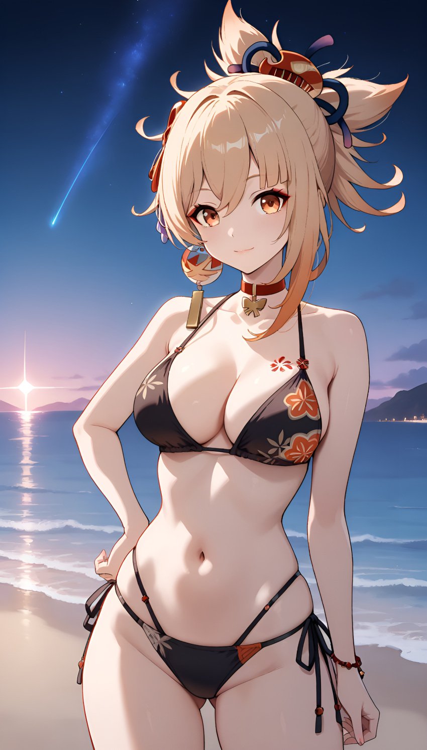 1girls ai_generated arm_tattoo bangs big_ass big_breasts big_butt bikini blonde_female blonde_hair blonde_hair genshin_impact hair_ornament high_resolution highres hoyoverse jasse tagme thighs yoimiya_(genshin_impact)