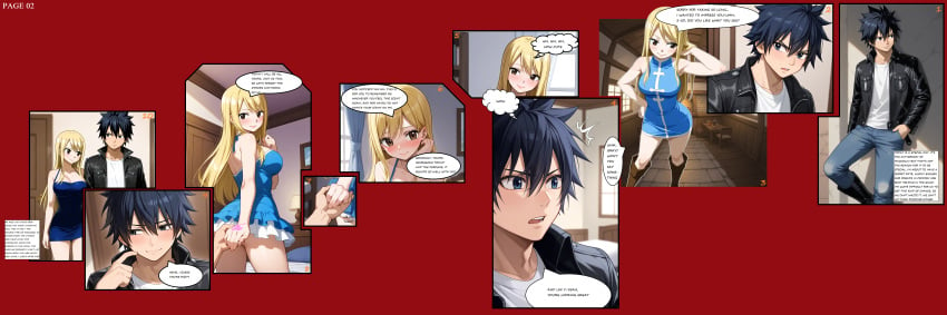 1boy ai_generated black_hair black_leather_jacket blonde_hair blue_dress boots brown_eyes comic comic_page couple english english_text fairy_tail female gray_fullbuster jeans lucy_heartfilia mini_dress text text_box text_bubble white_shirt work_in_progress