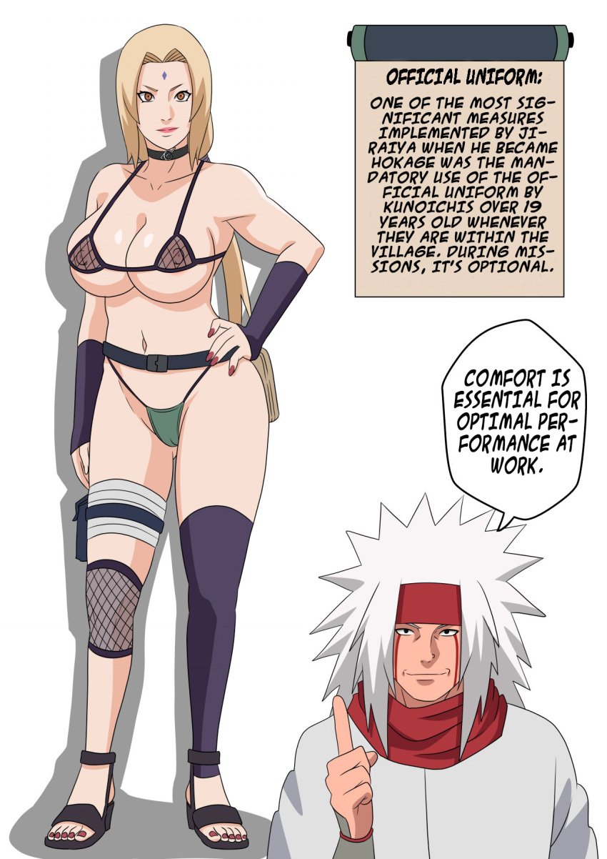 1boy 1girls adapted_costume alternate_hairstyle big_breasts bikini bikini_bottom bikini_top blonde_hair busty choker cleavage commentary english_text female_focus huge_breasts jiraiya knee_pads kunoichi large_breasts legwear lipstick looking_at_viewer makeup mature mature_female micro_bikini midriff milf mismatched_legwear nail_polish naruto naruto_(series) naruto_shippuden navel ninja ninrubio nipples_visible_through_bikini pervert revealing_clothes sandals see-through see-through_clothing skimpy skimpy_bikini skimpy_clothes solo_focus speech_bubble stockings talking talking_to_another talking_to_viewer text thighhighs tsunade twintails visible_nipples voluptuous voluptuous_female white_hair wide_hips