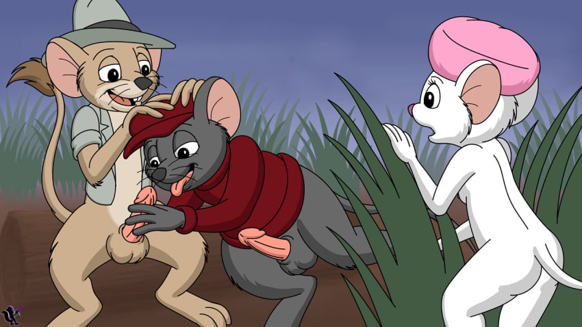 16:9 2014 3_toes 4_fingers anthro artist_logo ass balls being_watched bernard_(the_rescuers) brown_body brown_fur buckteeth clothing digital_drawing_(artwork) digital_media_(artwork) dipodomyine disney erection feet female fingers fur genitals grass grey_body grey_fur group handjob hat headgear headwear heteromyid imminent_oral jacket jake_(the_rescuers) kangaroo_mouse logo looking_at_another male male/male mammal miss_bianca_(the_rescuers) mostly_nude mouse multicolored_body multicolored_fur murid murine omatic outside penile penis plant rodent sex sitting smile surprise teeth the_rescuers_(disney) the_rescuers_down_under toes tongue tongue_out topwear trio two_tone_body two_tone_fur whiskers white_body white_fur widescreen