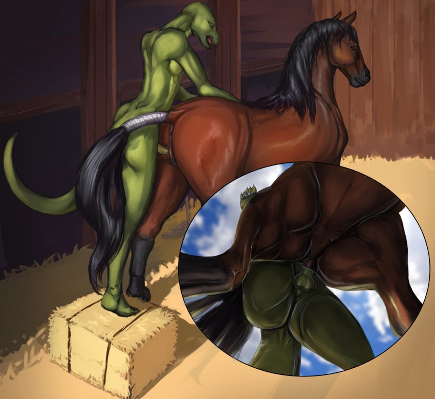 anthro anthro_on_feral anthro_penetrating anthro_penetrating_female anthro_penetrating_feral anus barn biped black_mane brown_body brown_fur dracenmarx duo equid equine erection female female_penetrated feral feral_penetrated fur genitals green_body green_tail height_assist hi_res horse inside interspecies lewis_resmond lizard low-angle_view male male/female male_on_feral male_penetrating male_penetrating_female male_penetrating_feral mammal mane monitor_lizard nude penetration penile penile_penetration penis penis_in_pussy pussy quadruped reptile scalie sephrendemon sex tail vaginal_penetration vaginal_penetration worm&#039;s-eye_view zoophilia