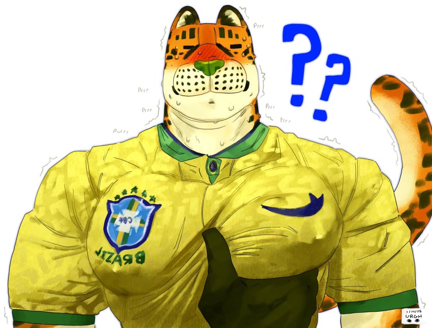 ?? anthro anthro_only benicio_(swaggyurgh) big_pecs blush brazil closed_eyes clothed clothing felid feline gay grabbing_pecs jaguar male male_focus male_only mammal muscular muscular_anthro muscular_male nipples nipples_visible_through_clothing pantherine pecs pecs_grab soccer_uniform swaggyurgh sweat sweating tail trembling