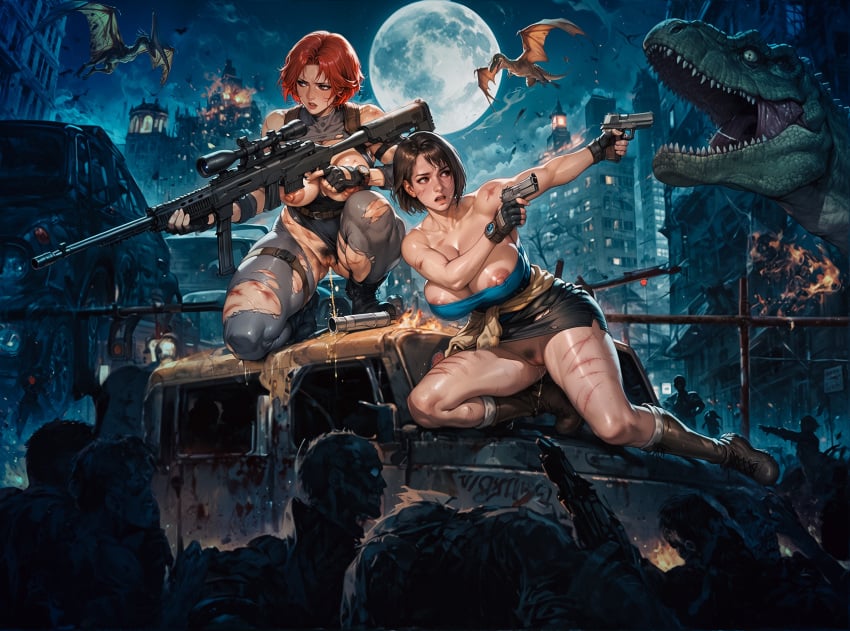 2girls ai_generated almost_naked areola_slip areolae bob_cut boots breasts brown_hair capcom crossover curvy curvy_female curvy_figure dangerous dino_crisis dinosaur dirt erect_nipples exposed_breasts exposed_pussy female female_focus female_only fingerless_gloves gun handgun huge_breasts jill_valentine light-skinned_female light_skin miniskirt night nipple_slip nipples no_panties outdoors pee peeing_self peeping pussy red_hair regina_(dino_crisis) resident_evil short_hair sniper_rifle sweat torn_clothes usmyd voluptuous weapon wounded zombie