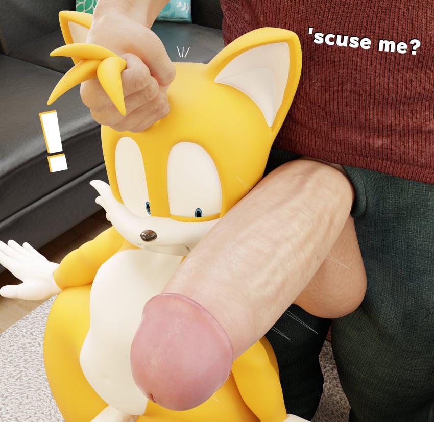 2025 3d_(artwork) absurd_res aidenz anthro balls big_penis canid canine dialogue digital_media_(artwork) exclamation_point fox genitals grabbing_hair hi_res humanoid looking_at_genitalia looking_at_penis male male/male mammal penis sega size_difference smaller_male sonic_the_hedgehog_(series) tails