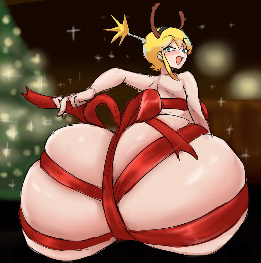 /ctt/ antler_headband antlers blonde_hair christmas console-tan digger_nick game_boy_color game_boy_family gbc-tan gift_wrapped gift_wrapped_female gigantic_ass gijinka holidays huge_ass humanization humanized looking_at_viewer looking_back looking_back_at_viewer nintendo open_mouth open_smile ponytail