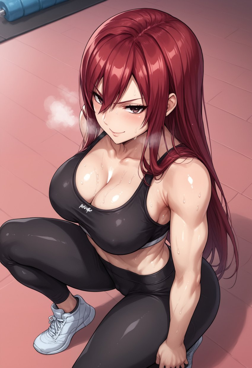 ai_generated armpit_fetish armpits ass ass_focus big_ass big_breasts big_hips black_pants black_topwear erza_scarlet fairy_tail female female_focus female_only gym gym_uniform huge_breasts kikia1 long_hair nsfw patreon red_hair skindentation sports_bra tagme