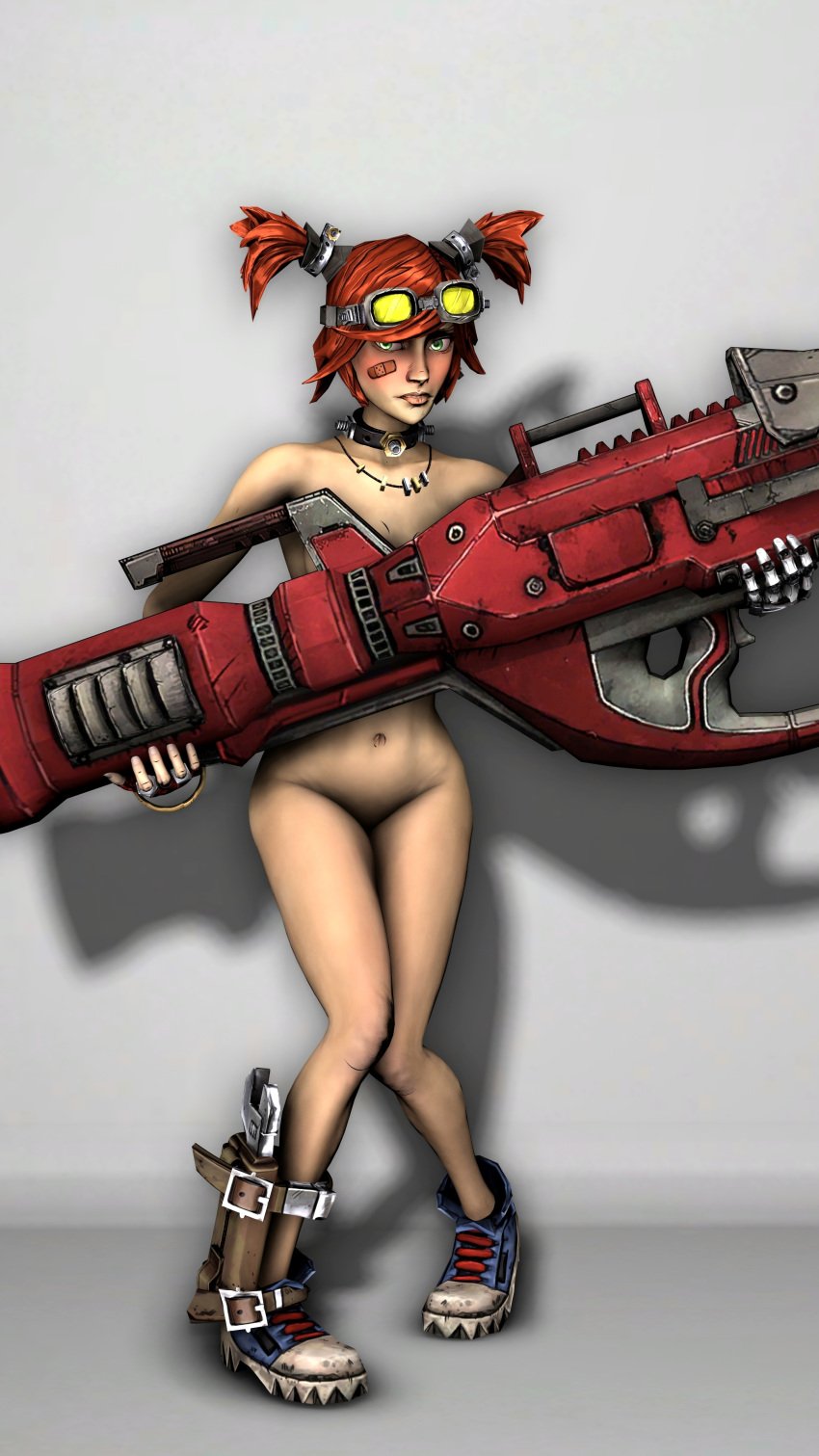 3d borderlands borderlands_2 covering covering_breasts embarrassed_nude_female female female_only gaige_(borderlands) hiding_behind_object light-skinned_female naked_footwear photofiona sfm shoes shoes_only solo studio