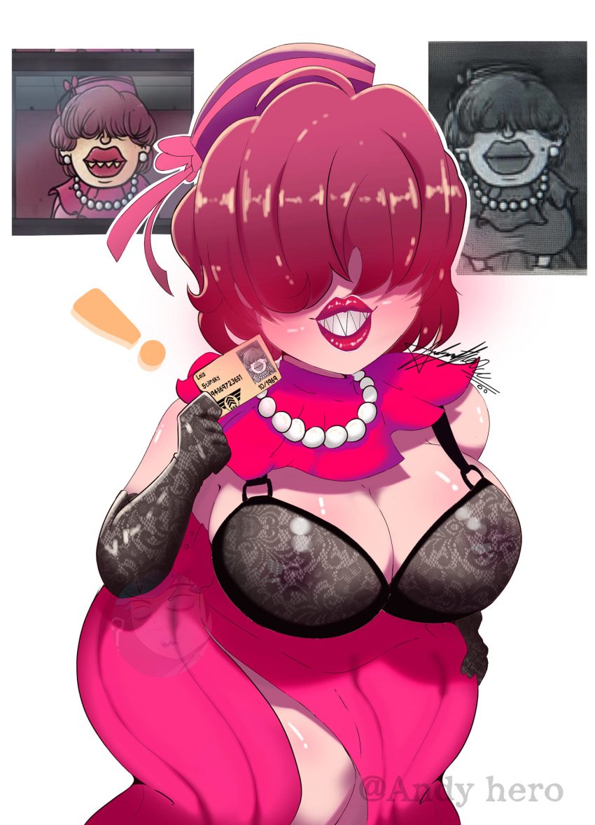 1girls andy_hero black_bra doppelganger female hair_over_eyes hat hidden_eyes holding_card id_card large_breasts lips lipstick lois_stilnsky looking_at_viewer mature_female milf pink_dress sharp_teeth shiny_skin solo that's_not_my_neighbor thick_hips torn_dress