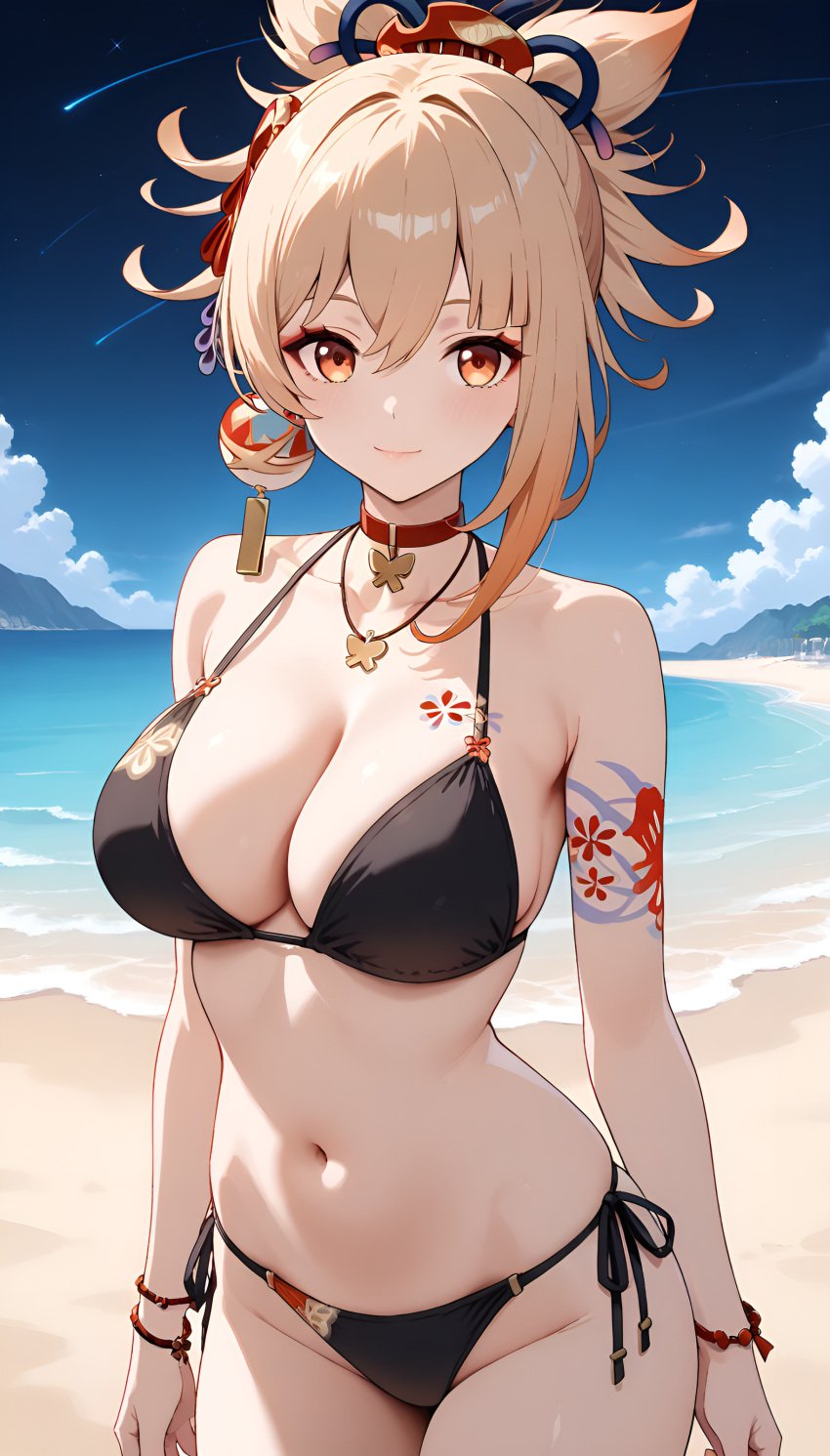 1girls ai_generated arm_tattoo bangs big_ass big_breasts big_butt bikini blonde_female blonde_hair blonde_hair genshin_impact hair_ornament high_resolution highres hoyoverse jasse tagme thighs yoimiya_(genshin_impact)