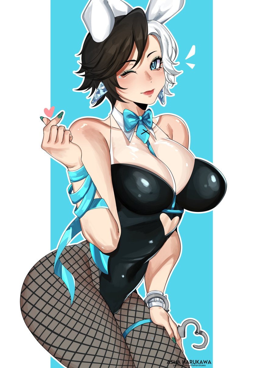 2d ashaharukawa breasts bunny_ears bunnysuit cleavage female female_only fishnets luna_snow luna_snow_(marvel_rivals) marvel marvel_rivals thick_thighs wink