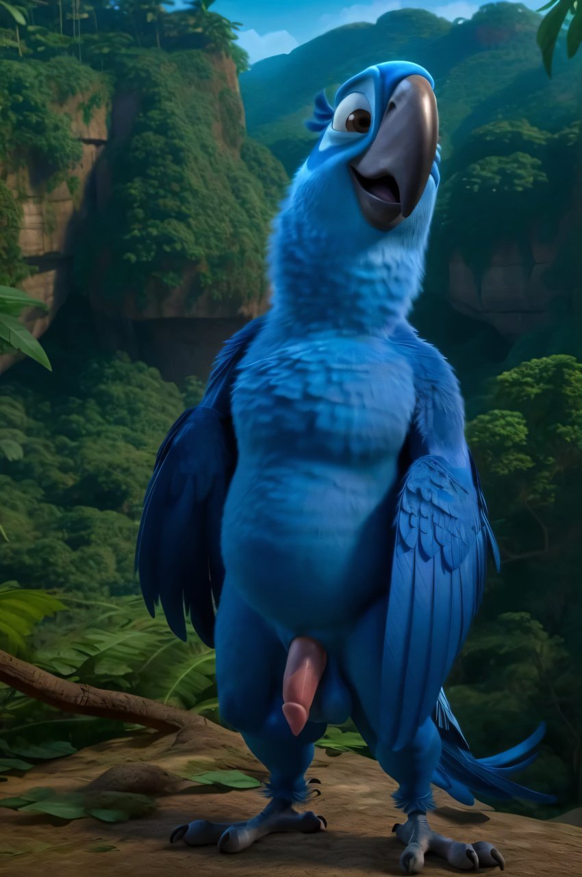 ai_generated anthro avian balls beak blu_(rio) blue_feathers blue_sky_studios epstar14 feathers humanoid_penis jungle jungle_background macaw male male_only parrot penis rio_(film) rio_(series) slightly_chubby smiling solo talons winged_arms wings