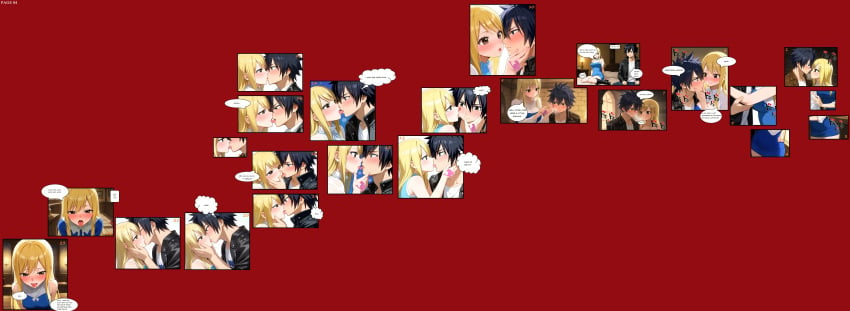 1boy ai_generated background black_hair black_leather_jacket blonde_hair blue_dress blush boots comic couple english fairy_tail female gray_fullbuster hugging jeans kissing lucy_heartfilia mini_dress sexy_body text work_in_progress