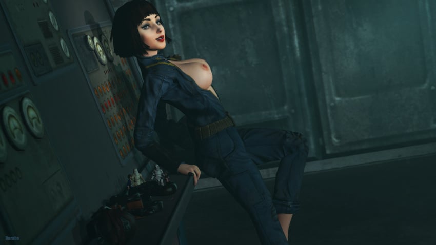 3d areolae big_breasts bioshock bioshock_infinite black_hair breasts breasts_out busty cleavage durabo elizabeth_comstock fallout female female_focus female_only hourglass_figure jumpsuit makeup nipples pale-skinned_female pale_skin pinup pinup_pose short_hair tagme vault_suit