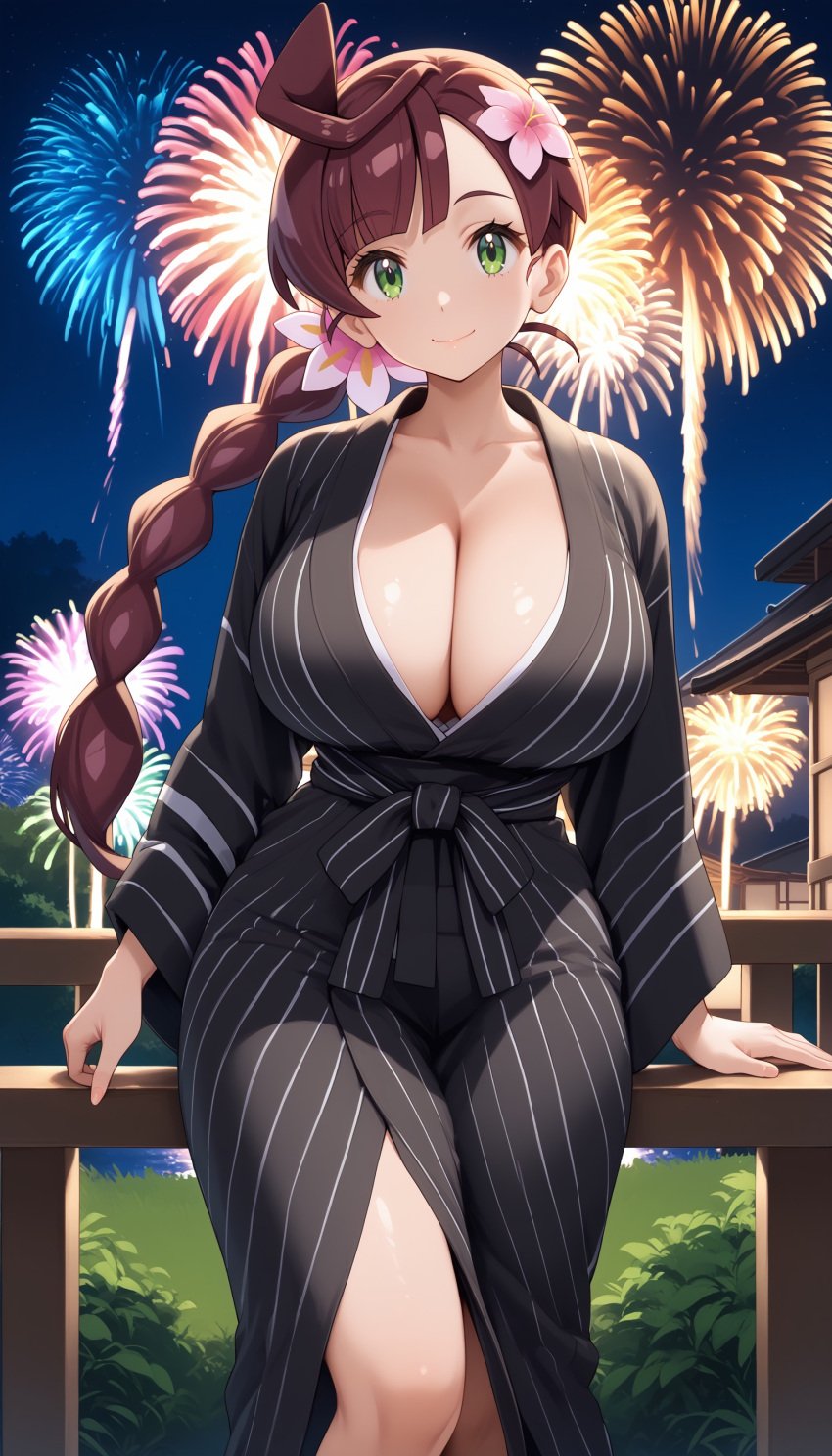 1girls ai_generated alternate_breast_size big_breasts braid braided_hair breasts chloe_(pokemon) cleavage collarbone female fireworks game_freak green_eyes huge_breasts japanese_clothes kemono large_breasts light-skinned_female light_skin long_hair new_year nintendo pokemon pokemon_anime ryuzam single_braid solo traditional_clothes