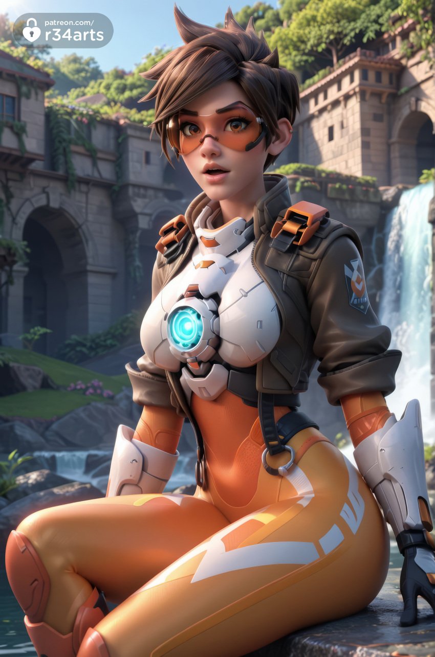 1girls ai_generated artist_name blizzard_entertainment bodysuit bomber_jacket breasts brown_eyes brown_hair brown_jacket building chest_harness day gloves goggles harness hi_res jacket lips looking_at_viewer medium_breasts orange_bodysuit orange_goggles outdoors overwatch overwatch_2 parted_lips r34arts short_hair sitting sleeves_rolled_up solo spiked_hair tracer vambraces water watermark web_address