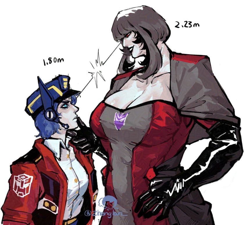 big_breasts blue_eyes boob_window breast_window breasts clothed clothes clothing dress female genderbent genderswap_(mtf) gloves jacket jacket_on_shoulders larger_female lipstick male megatron milf older_female optimus_prime red_eyes rule_63 shorter_male smaller_male smile smiling supervillainess taller_female tight_clothing transformers transformers_animated villainess zhenglan