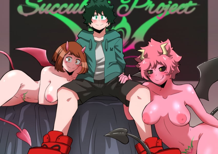 1boy 2girls ashido_mina boku_no_hero_academia breasts clothed_male izuku_midoriya my_hero_academia ochako_uraraka pubic_tattoo spread_legs succubus