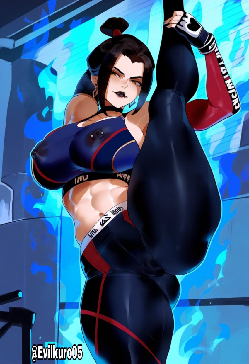 aged_up ai_generated athletic athletic_female athletic_wear avatar_the_last_airbender azula dark_clothing evilkuro05 flexible leggings splits tank_top training