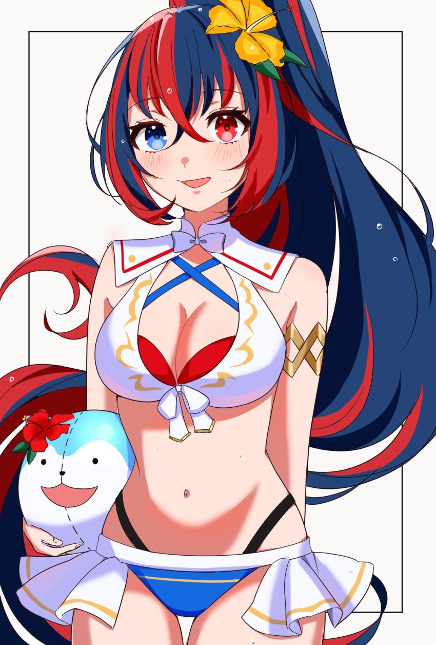 alear_(female)_(fire_emblem) alear_(female)_(seaside_dragon)_(fire_emblem) alear_(fire_emblem) alternate_costume alternate_hairstyle ball bikini blue_bikini blue_swimsuit breasts character_ball cleavage criss-cross_halter crossed_bangs female female female_only fire_emblem fire_emblem_engage fire_emblem_heroes flower gmais2514 hair_between_eyes hair_flower hair_ornament halterneck heterochromia highres long_hair medium_breasts multicolored_bikini multicolored_clothes multicolored_hair multicolored_swimsuit nintendo official_alternate_costume official_alternate_hairstyle ponytail red_bikini red_swimsuit scratching_arm sommie_(fire_emblem) split-color_hair swimsuit very_long_hair white_bikini white_swimsuit