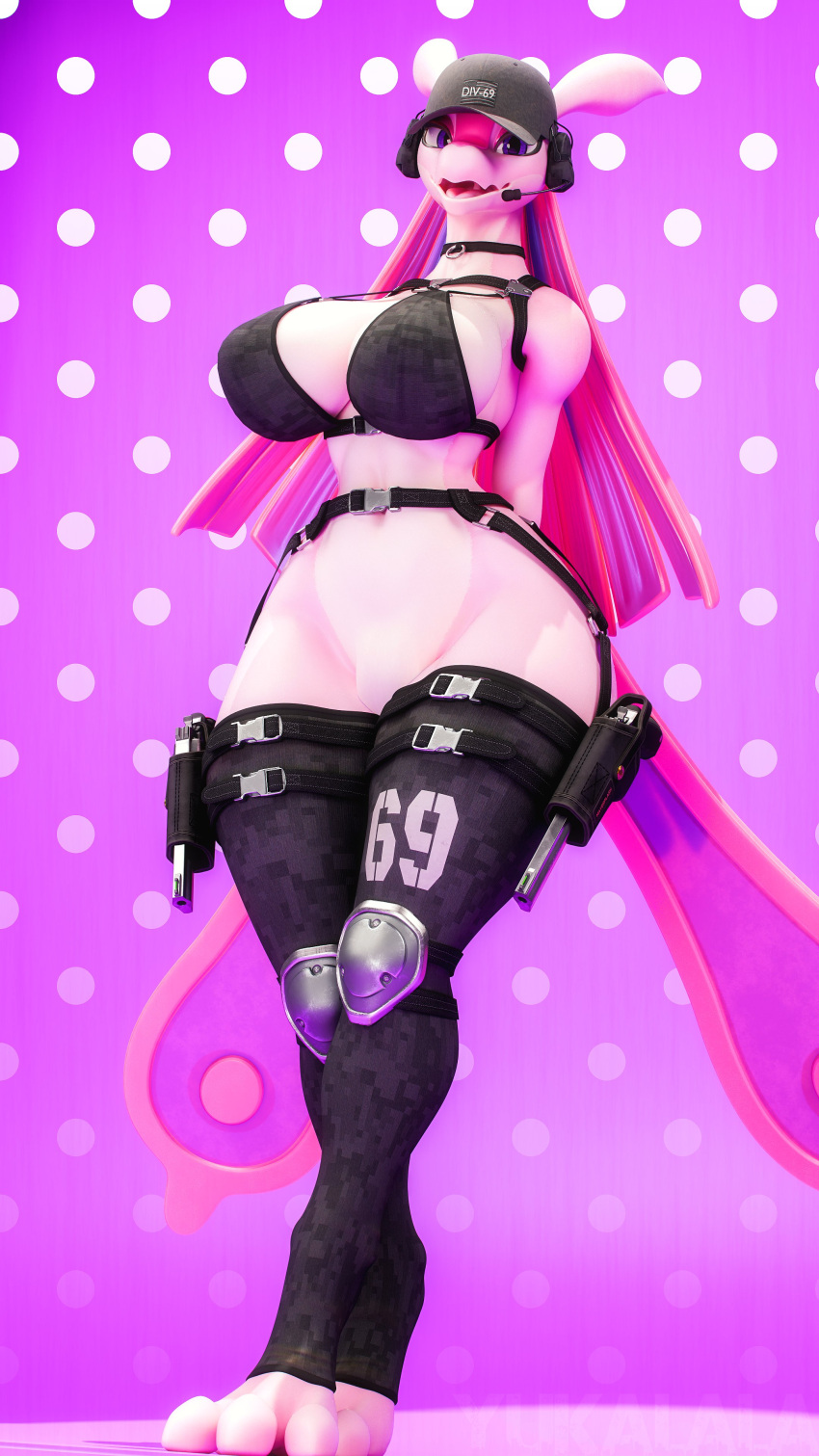 3d 3d_(artwork) anthro big_breasts bra breasts cap digital_media_(artwork) female fur furry genitals headgear headphones hi_res huge_breasts legwear looking_at_viewer lovander lovander_(mayosplash) pal_(species) palworld pink_body pink_hair pocketpair pussy scalie solo tagme thick_hips thigh_highs yukalala