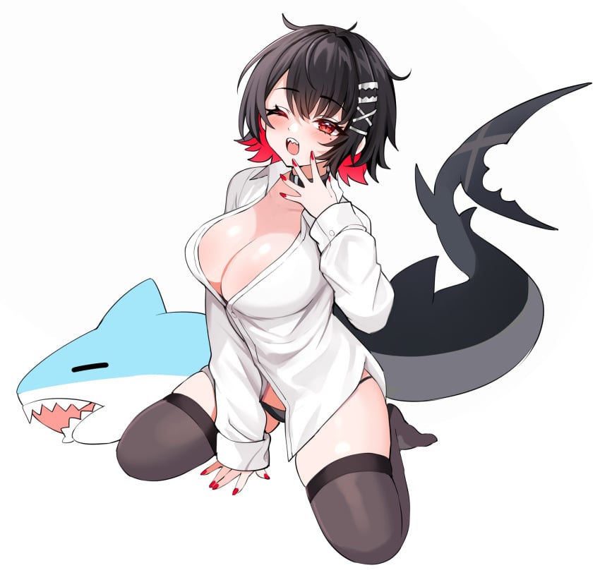 areola_slip arm_support blahaj blush buttons ellen_joe huge_breasts ikea kneeling nail_polish naked_shirt one_eye_closed painted_nails red_nails round_breasts shark_girl shark_plush shark_plushie shark_tail sleepy spread_legs yawning zenless_zone_zero