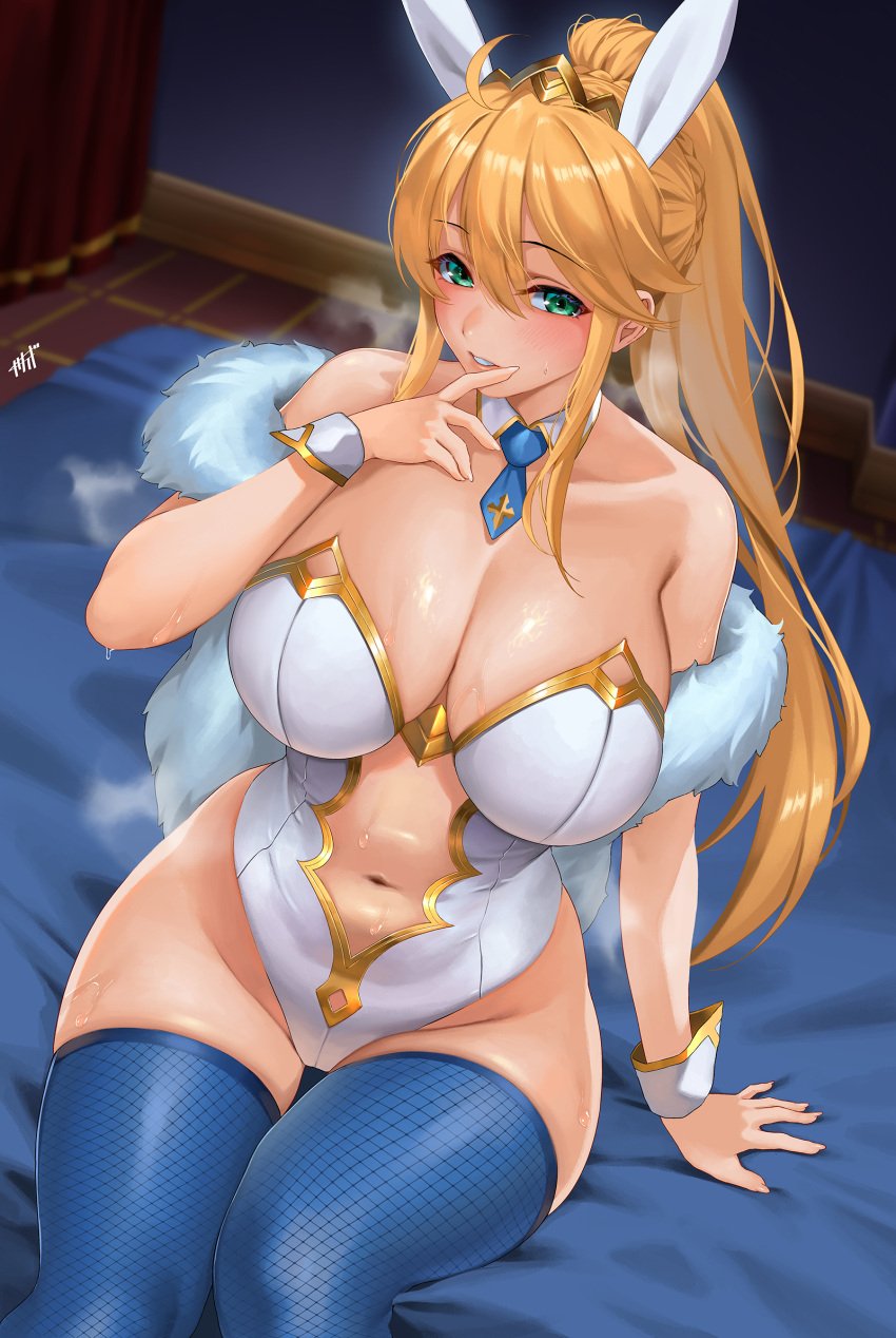 arm_support artoria_pendragon artoria_pendragon_(fate) blue_thighhighs bunny_girl bunnysuit cutout fate/grand_order fate_(series) fur_trim in_heat kisaragi_tsurugi large_breasts navel sitting_on_bed sweat sweaty