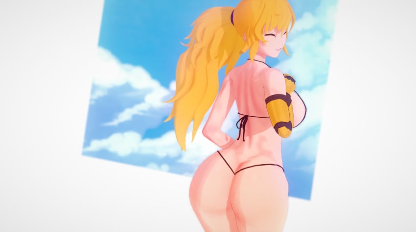 1girls ass ass_focus bikini bikini_bottom bikini_top blonde_female blonde_hair dramatic_love looking_back ponytail purple_eyes robotic_arm rwby solo_female winking winking_at_viewer yang_xiao_long