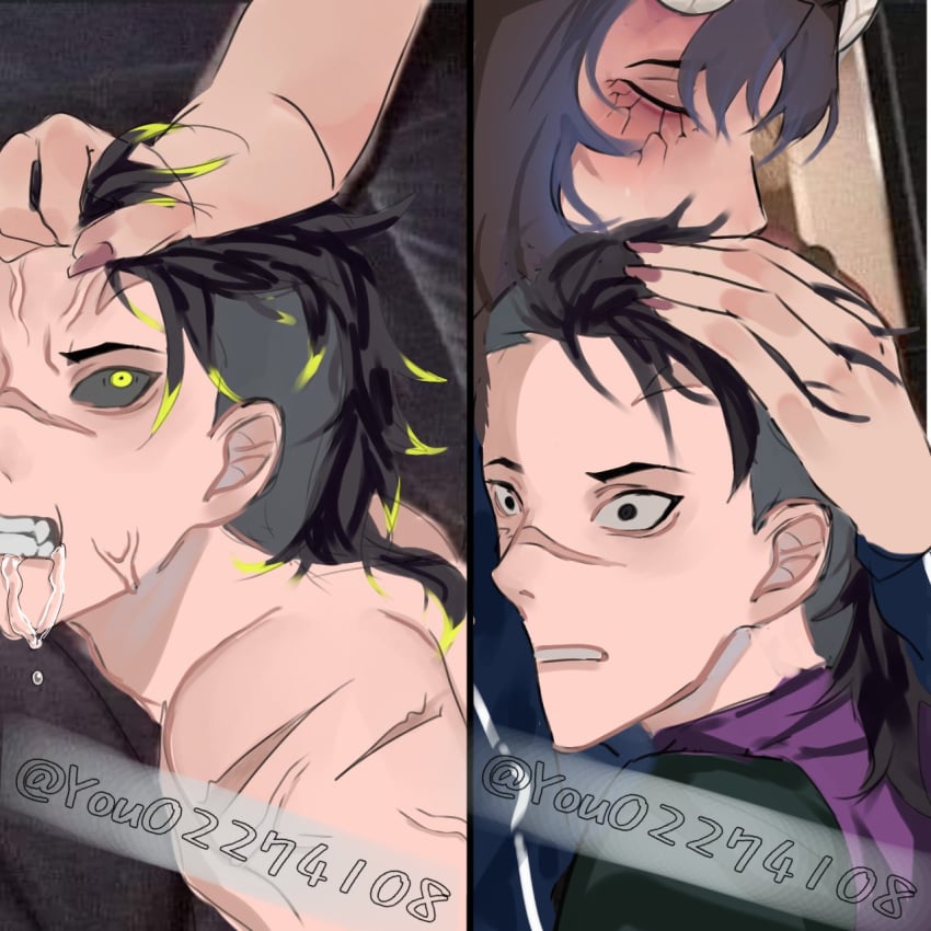 2boys aizetsu demon demon_boy demon_horns demon_humanoid demon_slayer dominant dominant_male domination drooling genya_shinazugawa hantengu horny horny_male japanese japanese_clothes japanese_clothing japanese_male kimetsu_no_yaiba long_bangs long_hair long_hair_male male male_focus male_only male_penetrating meme meme_reference muscles muscular muscular_male pale-skinned_male pale_skin pointy_ears scar_on_face scars sharp_teeth sometimes_like_this_also_like_that submissive submissive_male tan-skinned_male tan_skin upper_moon yaoi yellow_eyes yellow_sclera you02274108_(artist)